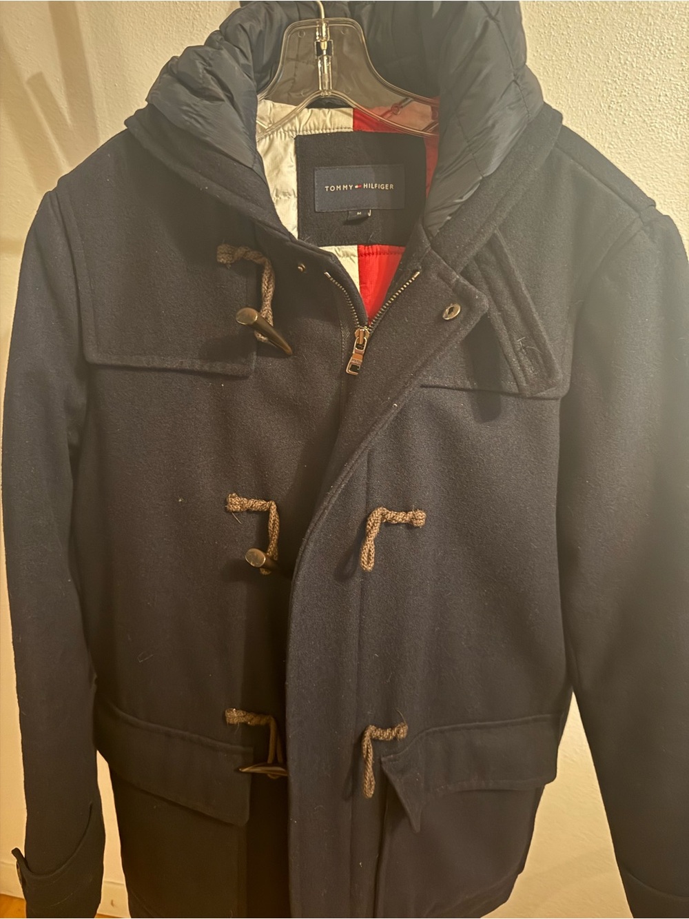 Tommy Hilfiger Navy Wool-Blend Toggle Pea Coat with Quilted Hood